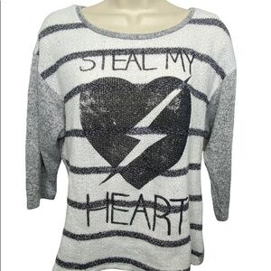 Stranded Juniors “Steal My Heart” Striped Knit Sweater L White Black Gray 3/4